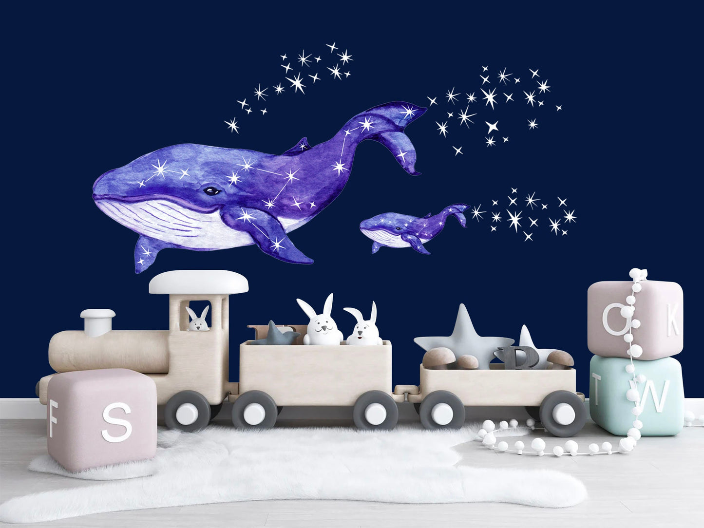 Whale Mommy and Baby Flying with Stars Painting Wall Decal - Removable Peel and Stick - BR219