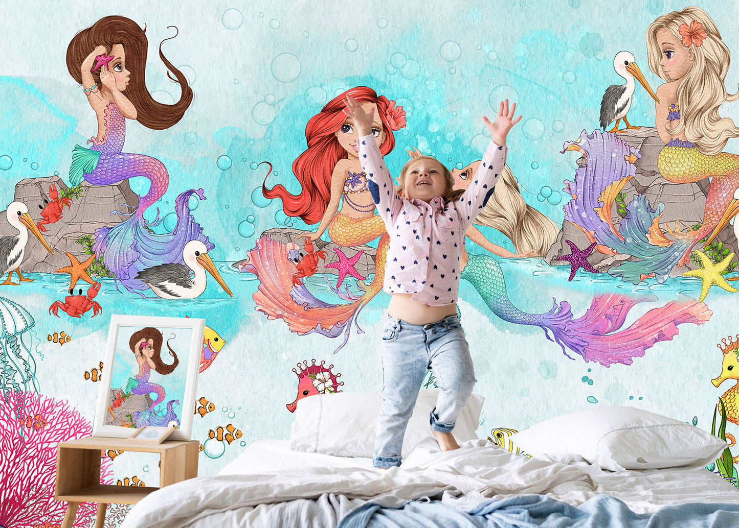 Mermaid and Jellyfish Nursery Wall Mural - Fabric Wallpaper with Seahorse Coral and Pelican Designs - WM022