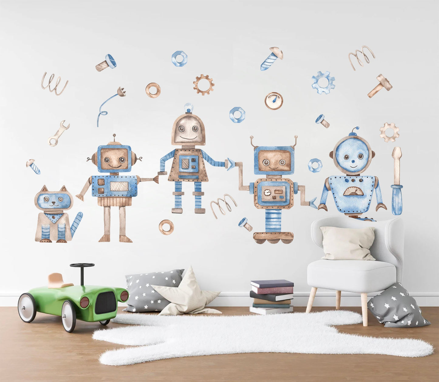 Watercolor Robot and Mechanical Cat Automation Removable Boys Wall Decal - BR199