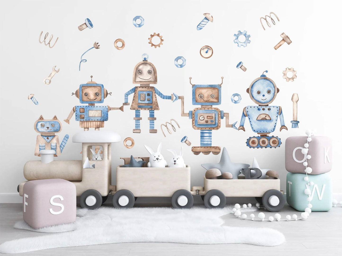 Watercolor Robot and Mechanical Cat Automation Removable Boys Wall Decal - BR199