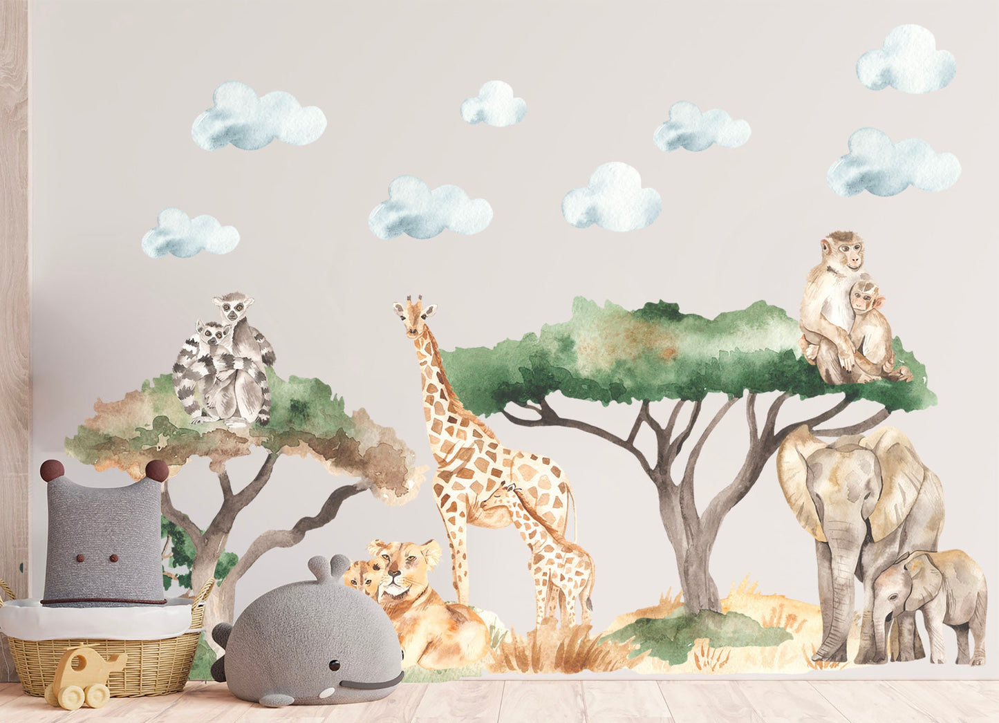 African Wildlife Parent-Child Series Wall Decal - Elephant Giraffe Lemur - Removable Peel and Stick - BR200