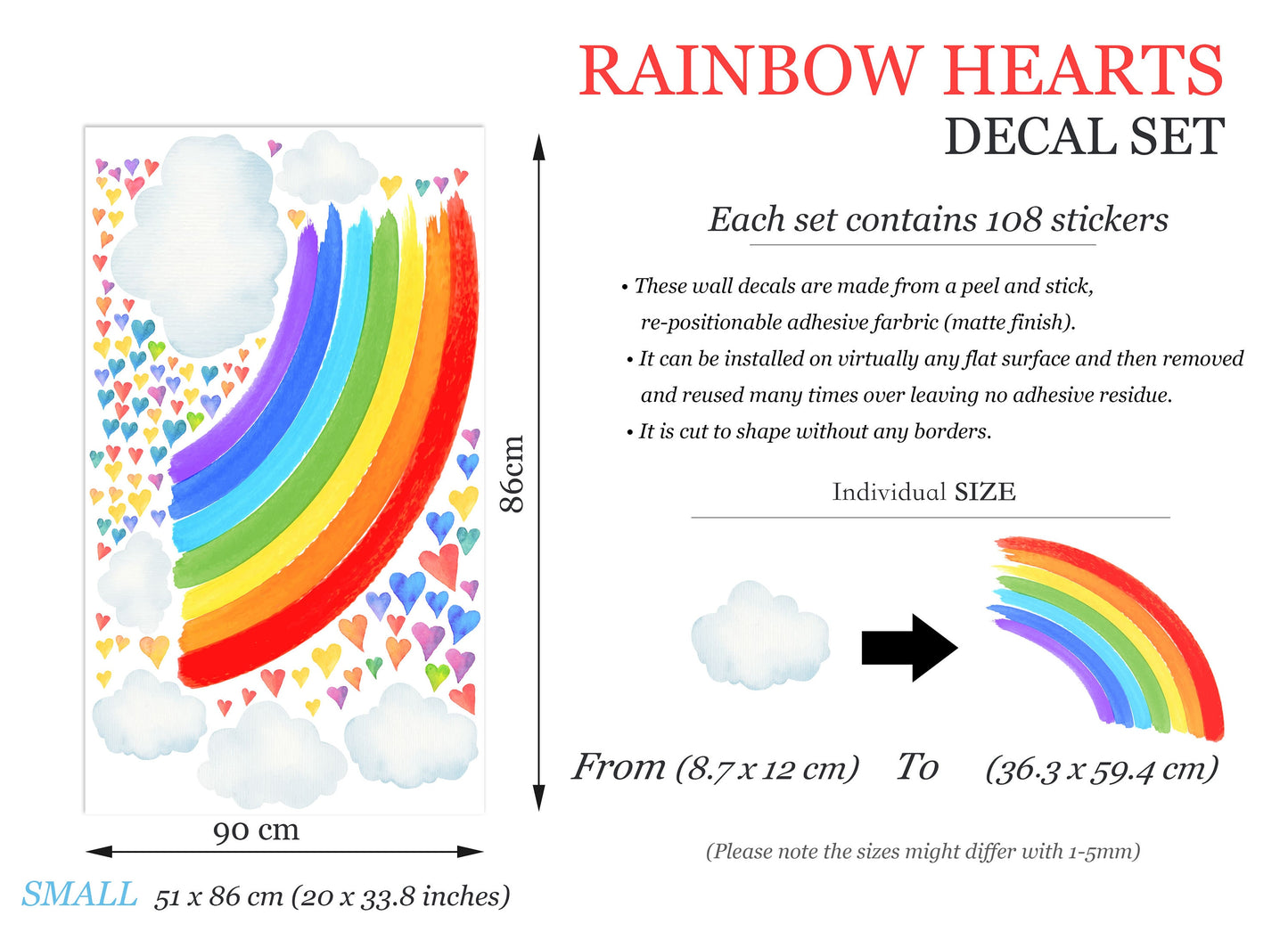 Rainbow Hearts Cloud Wall Sticker - Colorful Watercolor Decal for Kids Room Decor - BR222