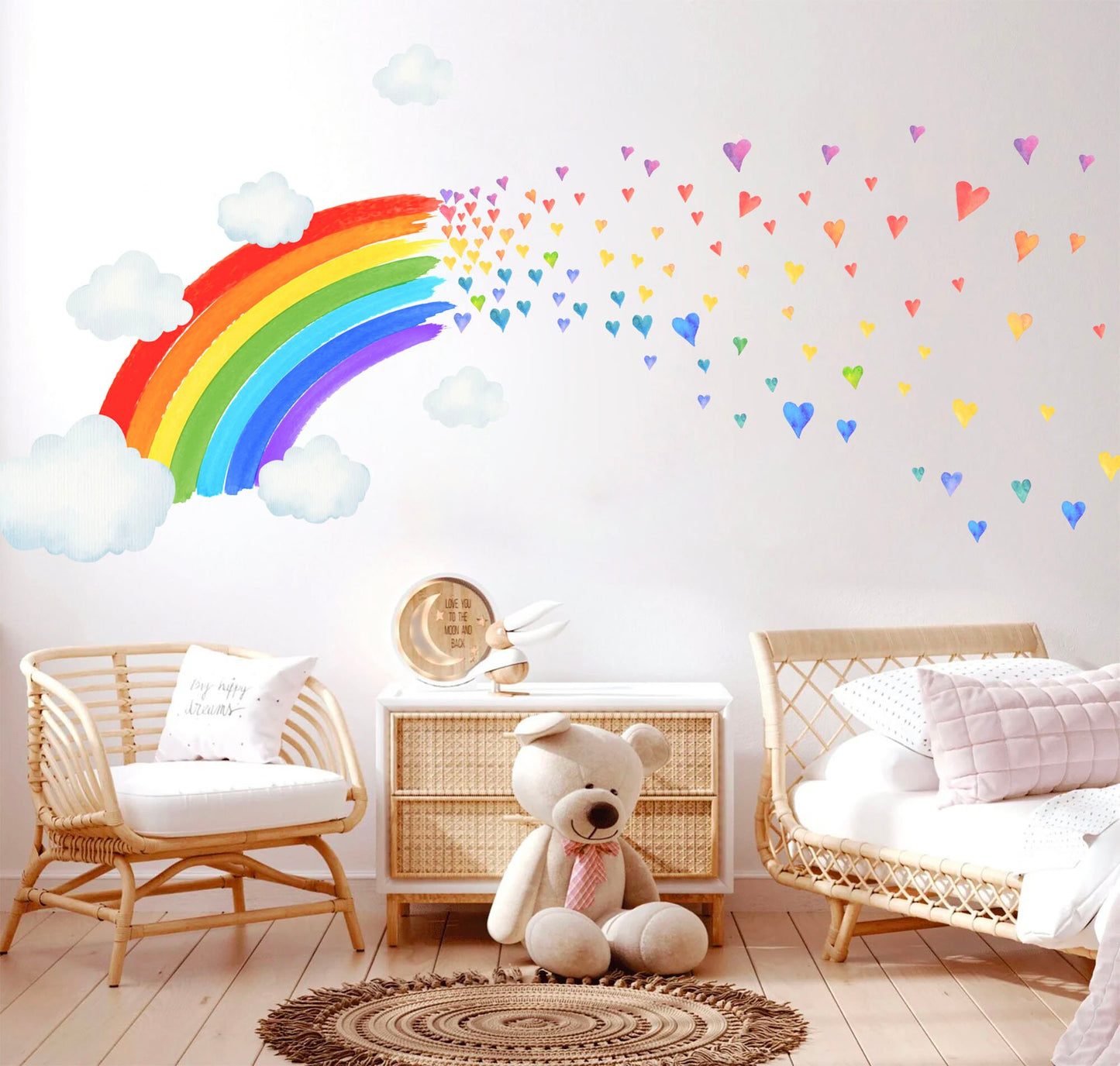 Rainbow Hearts Cloud Wall Sticker - Colorful Watercolor Decal for Kids Room Decor - BR222