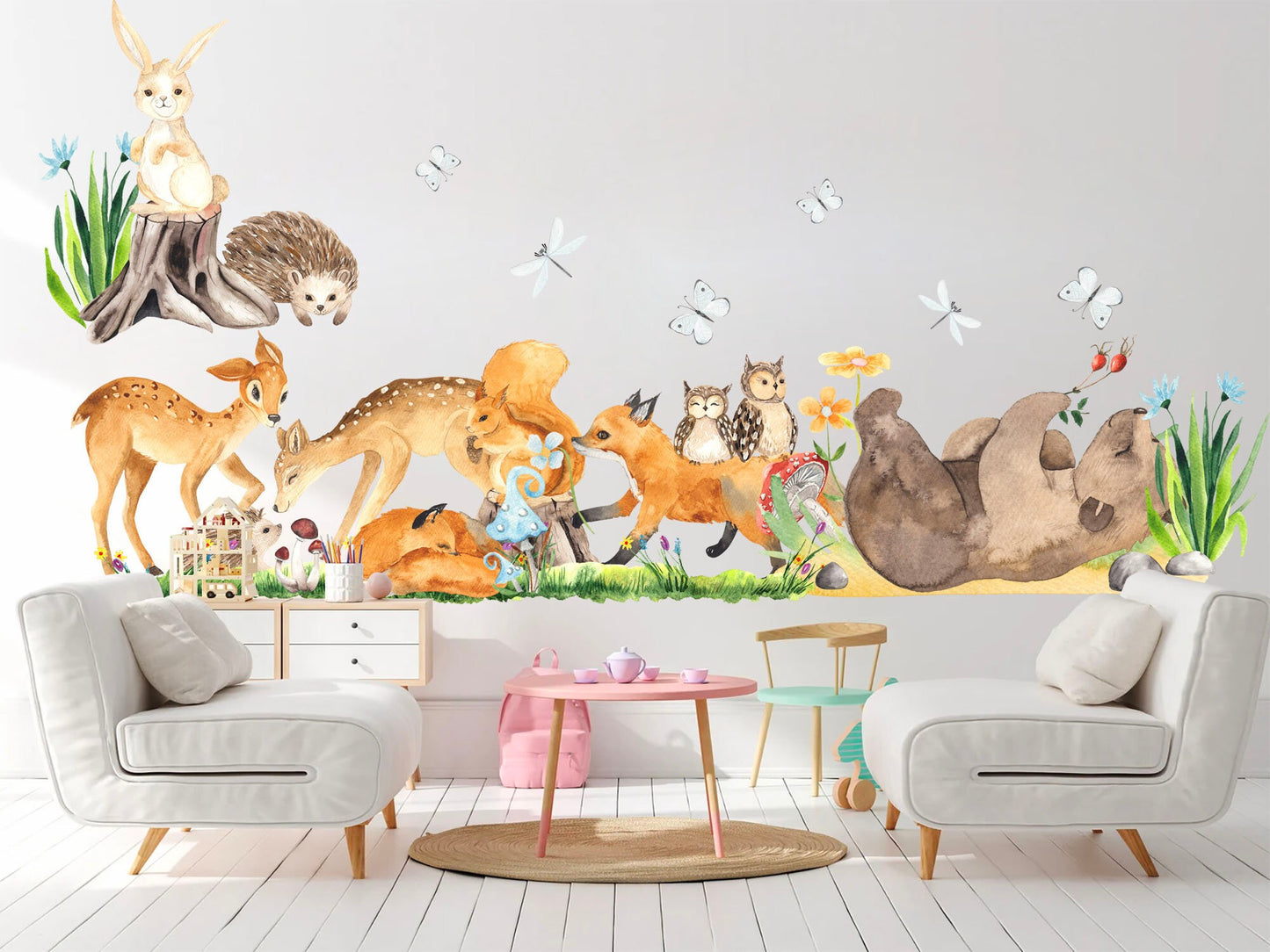 Forest Animals Wall Decal - Bear Playing with Butterflies, Fox Running with Owl, Rabbit on Tree Stump - BR207