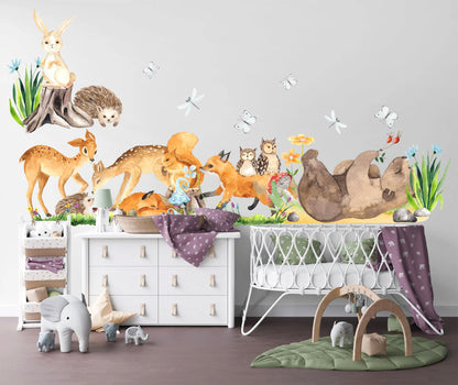 Forest Animals Wall Decal - Bear Playing with Butterflies, Fox Running with Owl, Rabbit on Tree Stump - BR207