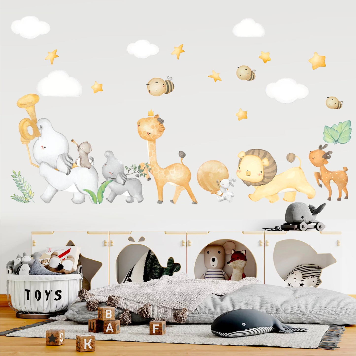 Animal Band Wall Decal - Elephant Duo on Percussion Giraffe Lion Deer with Clouds and Stars - BR214