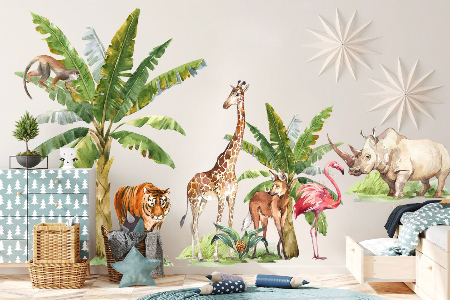 Jungle Animal Party Wall Decals - Cheerful Watercolor Style for Kids Room Decor - BR217