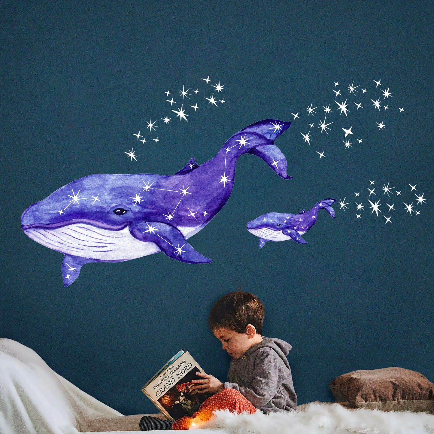 Whale Mommy and Baby Flying with Stars Painting Wall Decal - Removable Peel and Stick - BR219