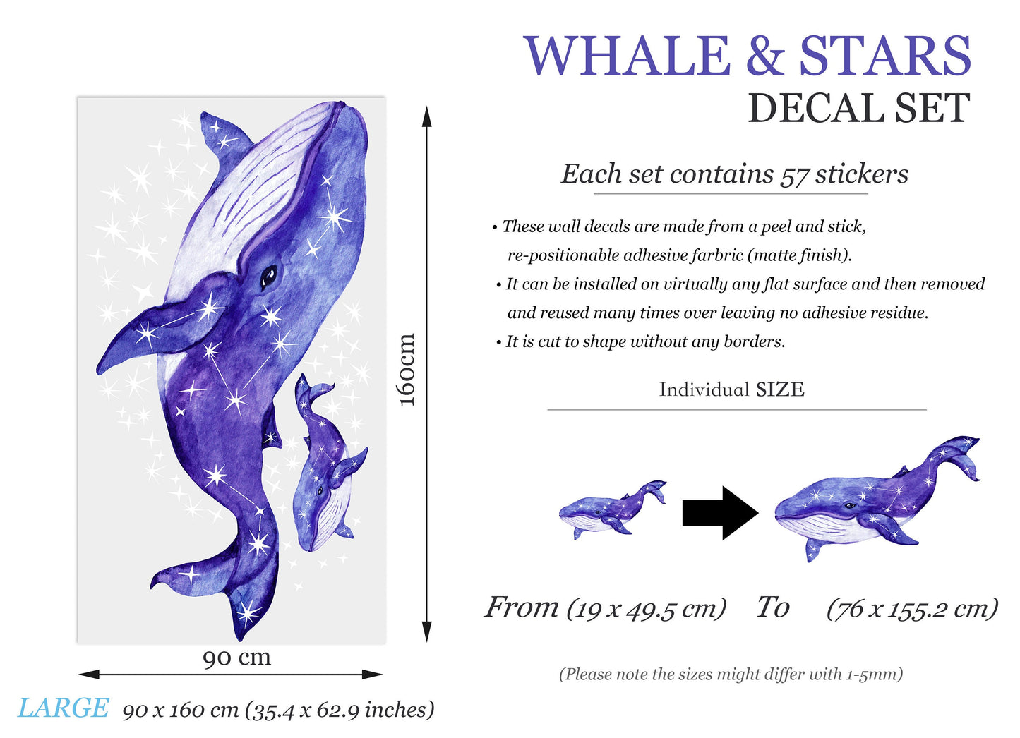 Whale Mommy and Baby Flying with Stars Painting Wall Decal - Removable Peel and Stick - BR219