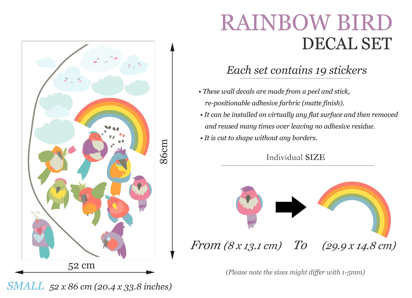 Vibrant Clothesline Rainbow Birds Wall Decal - Girls' Room Decor - BR227