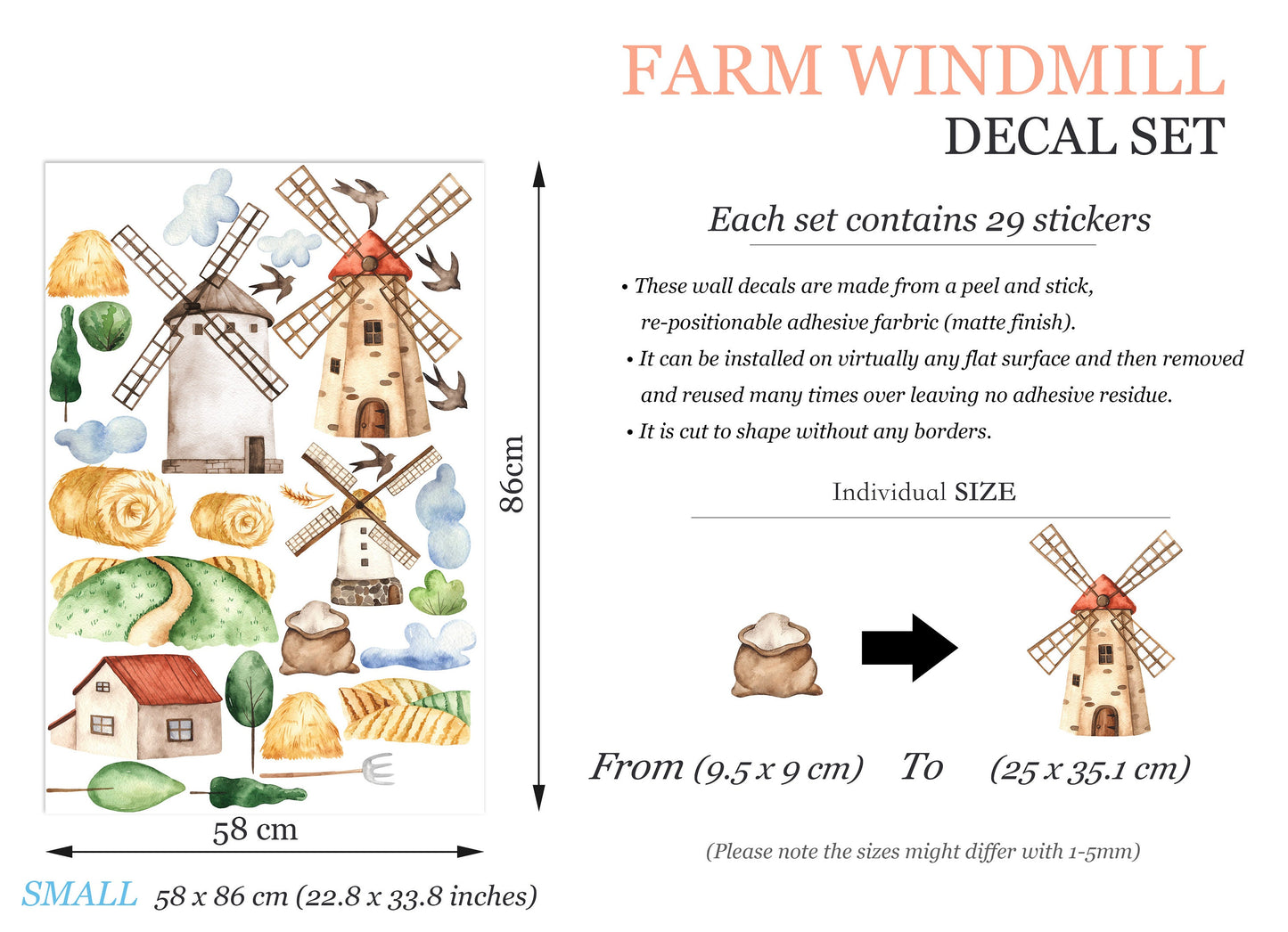Rustic Countryside Farm Scene Removable Wall Decal - Windmill Good Harvest Wheat Field Farmhouse - BR228
