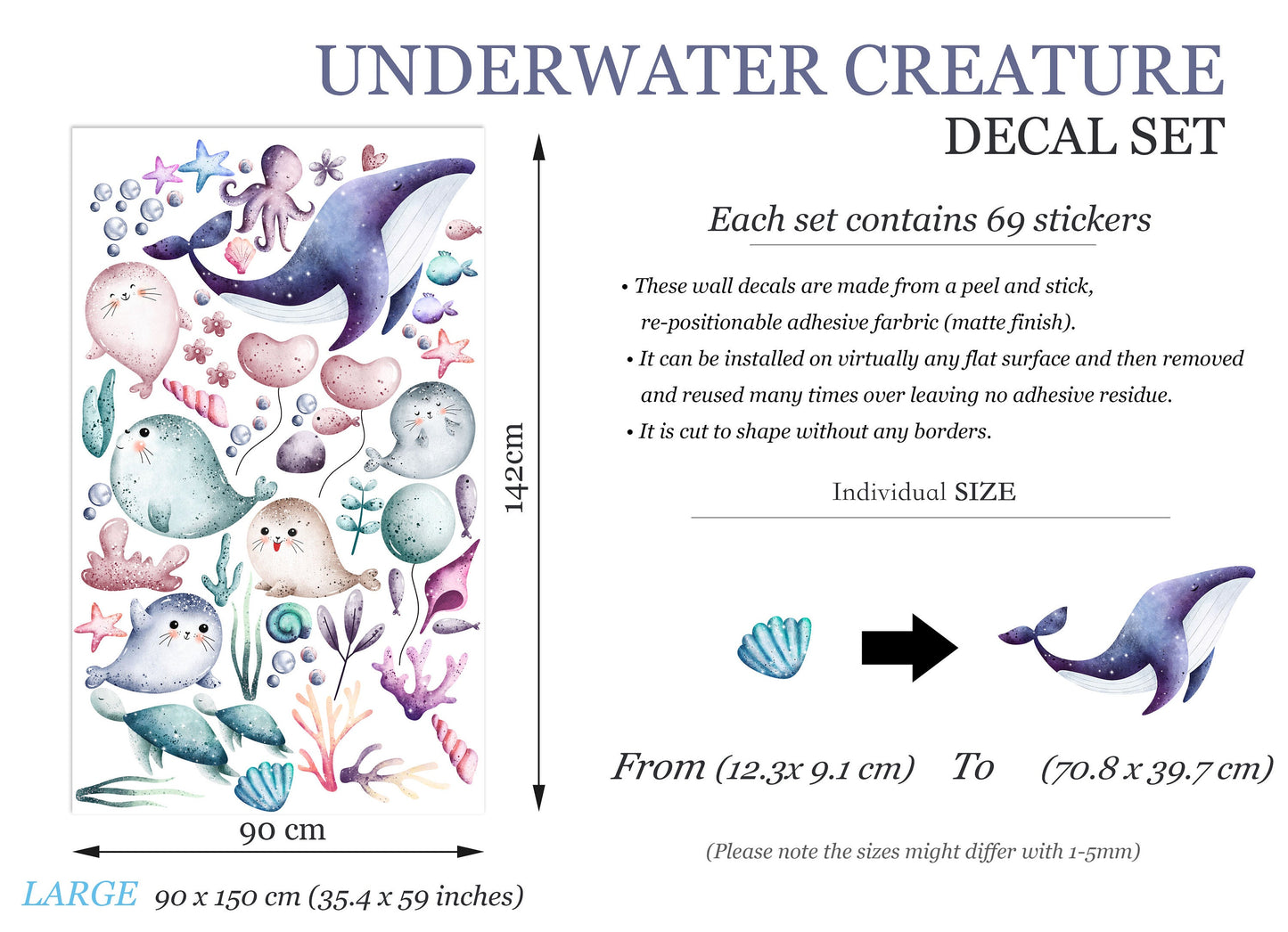 Underwater Baby Animals Wall Decal with Seal Whale Turtle - BR229