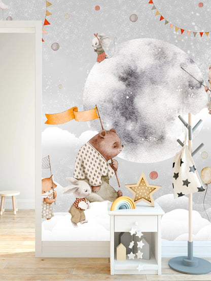 Magic Moon Baby Animals Fabric Wall Mural - Bear Deer Bunny Wallpaper - WM023