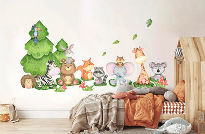 Forest Friends Baby Animals under Pine Wall Decal - Elephant Zebra Giraffe Racoon - BR234