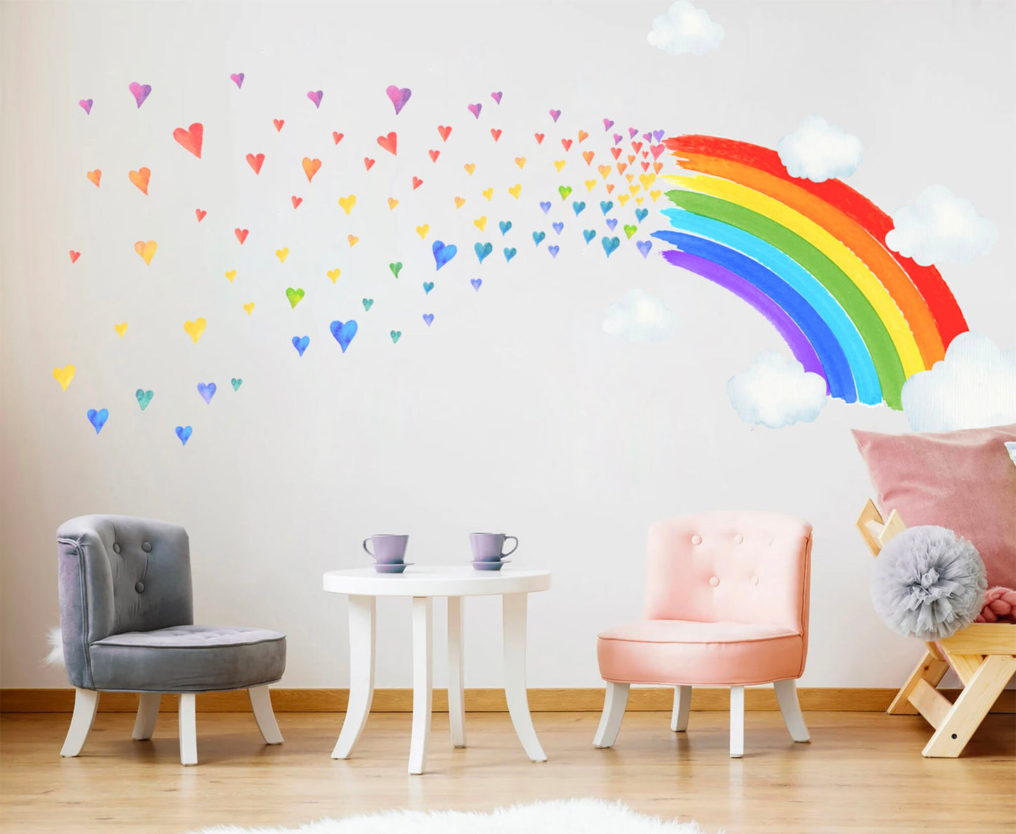 Rainbow Hearts Cloud Wall Sticker - Colorful Watercolor Decal for Kids Room Decor - BR222