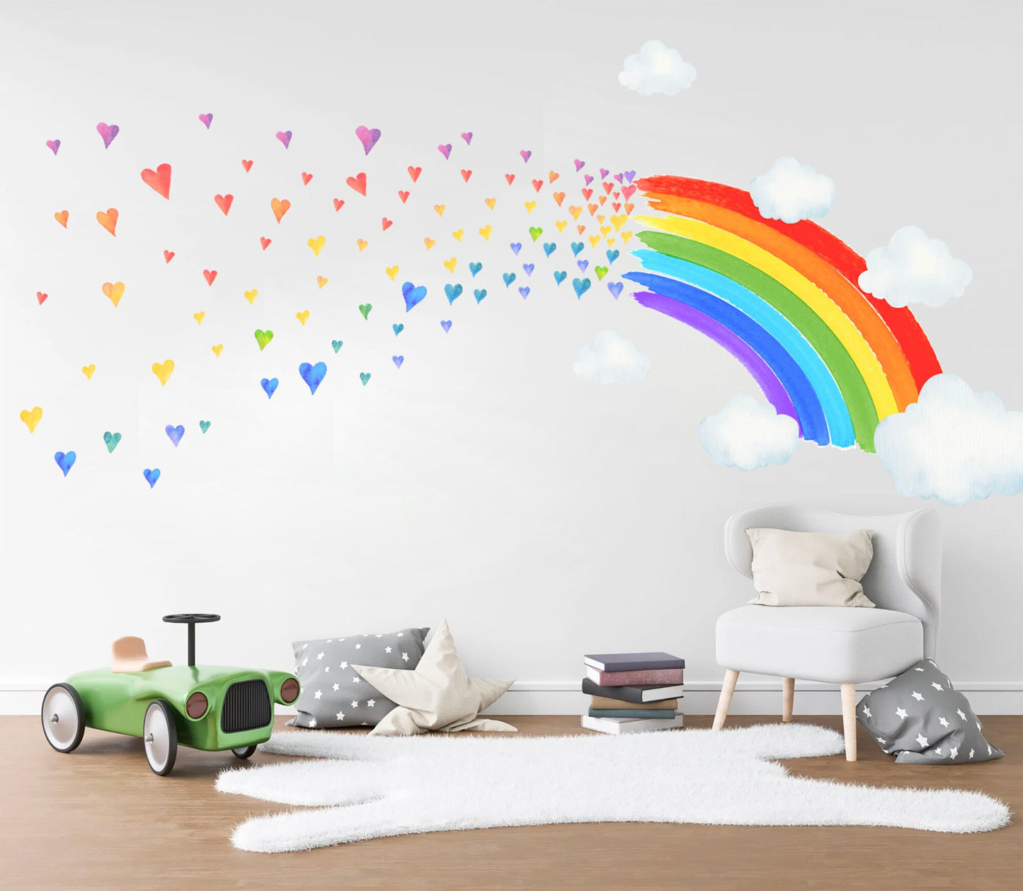 Rainbow Hearts Cloud Wall Sticker - Colorful Watercolor Decal for Kids Room Decor - BR222