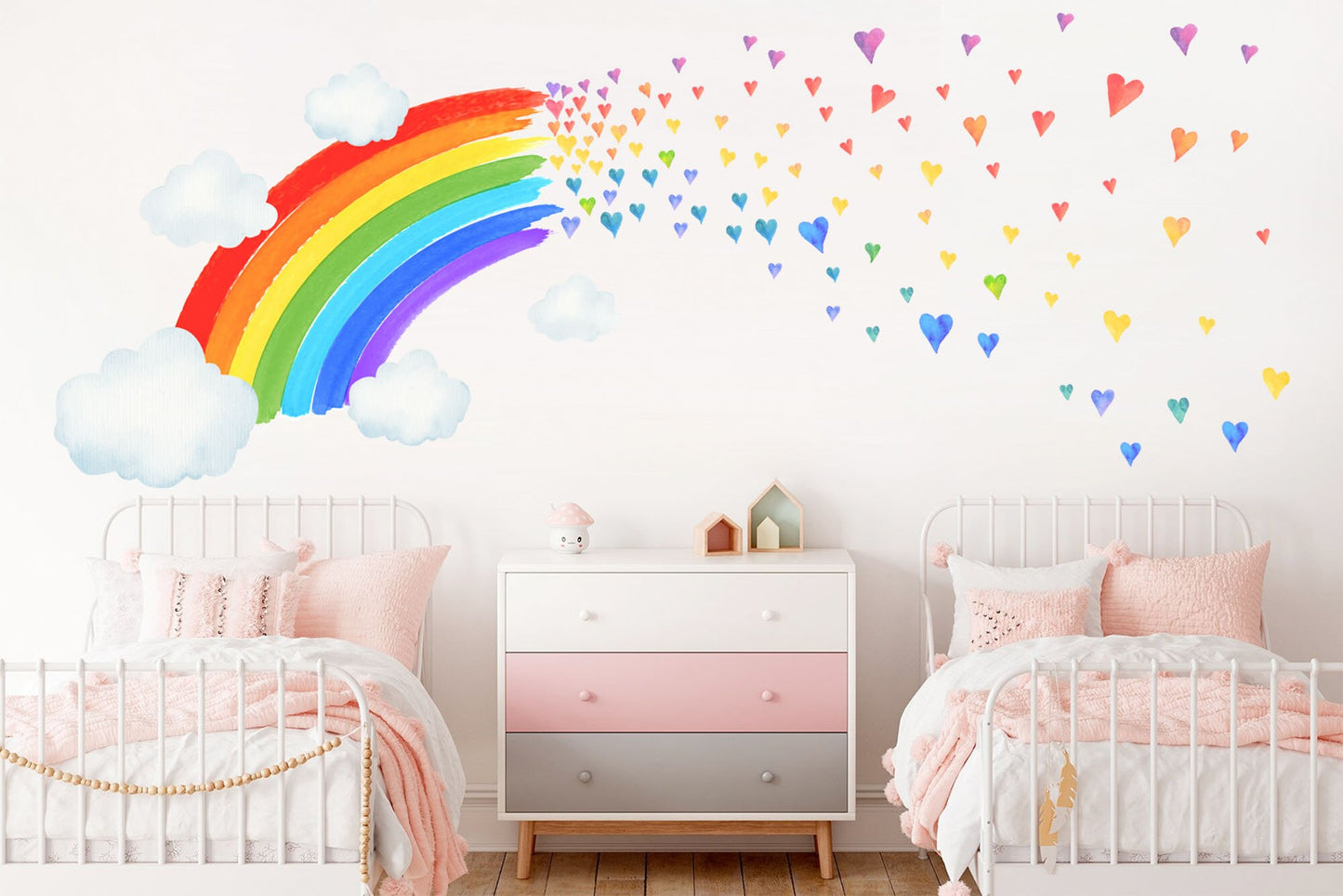 Rainbow Hearts Cloud Wall Sticker - Colorful Watercolor Decal for Kids Room Decor - BR222