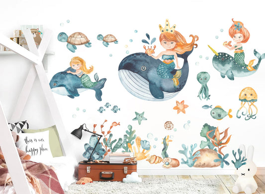 Enchanting Mermaid Princesses Riding Whale Wall Decal - Underwater Adventure with Whales Sea Turtles - BR224