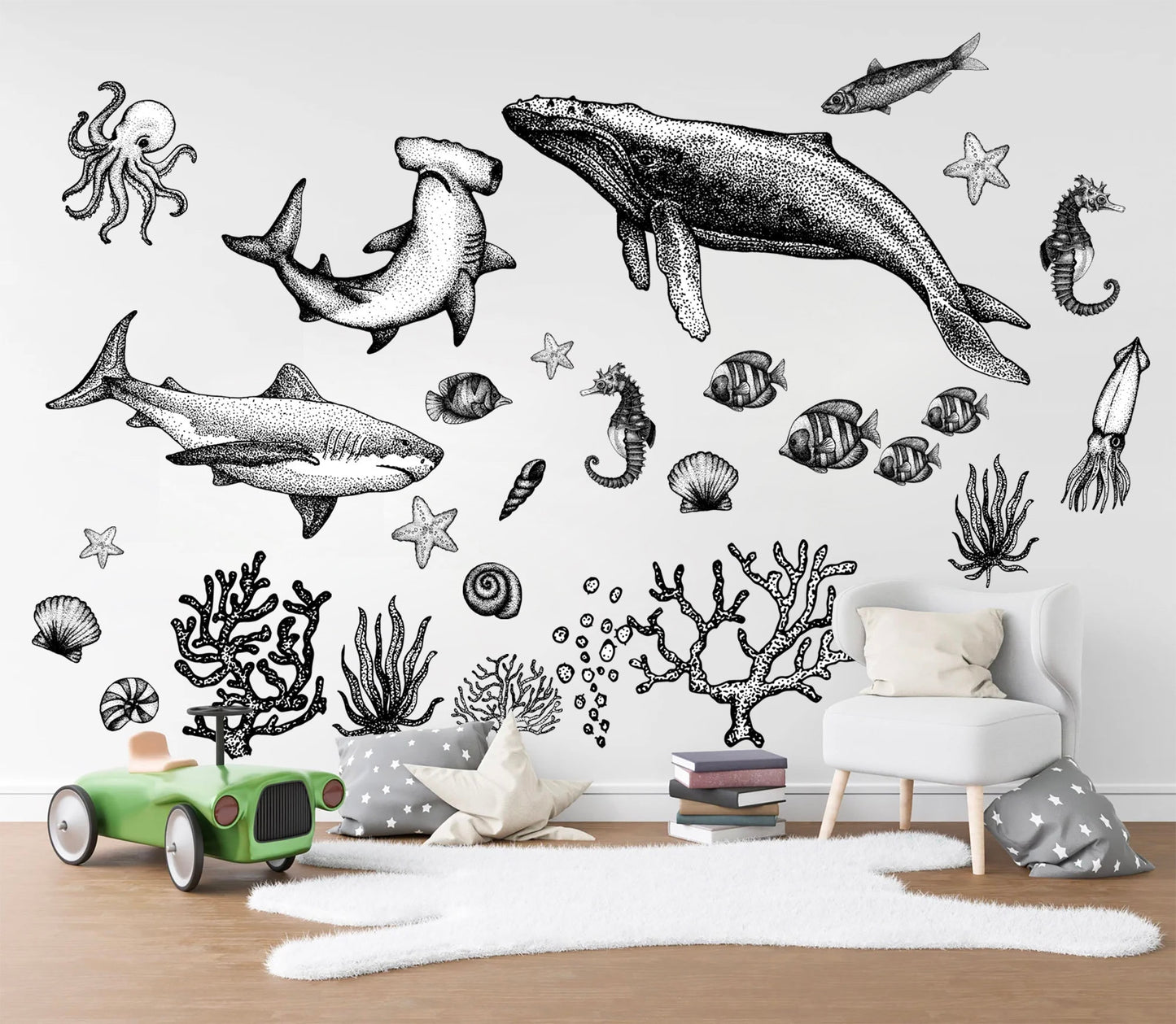 Whimsical Undersea Creatures Wall Decal - Shark Whale Octopus Seahorses Starfish Squid - Monochrome Style - BR248