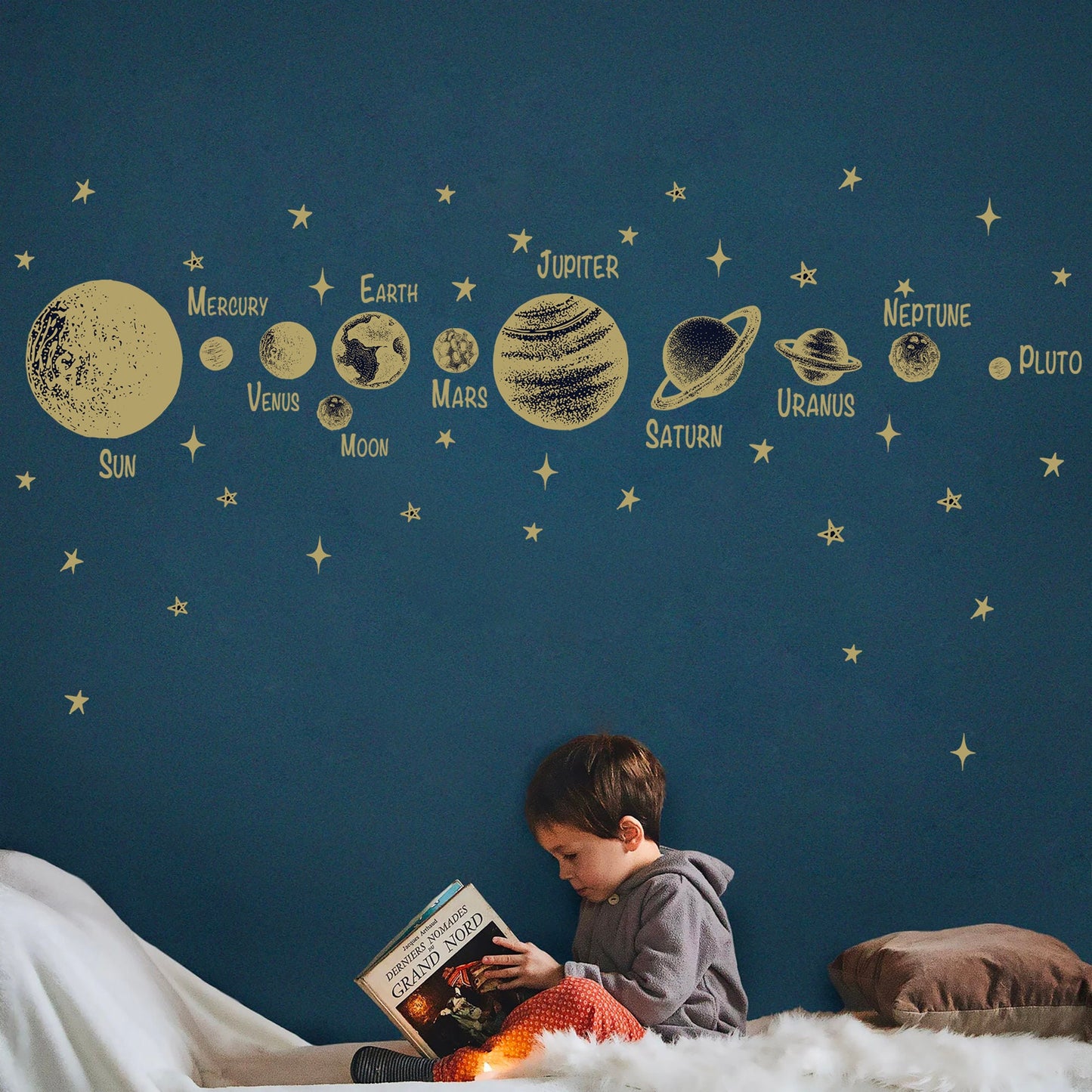 Golden Solar System Planets Space Jupiter Mars Earth Moon Remove Wall Decals - BR251
