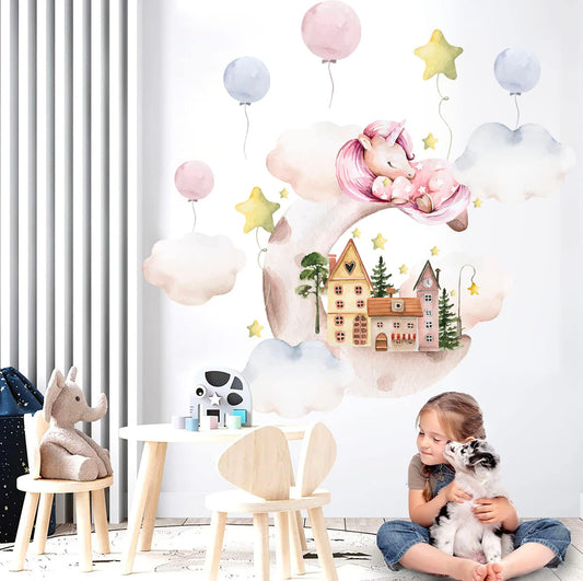 Sleeping Unicorn on Cloud Wall Decal - Castle Balloons Stars - Removable Peel and Stick - BR252