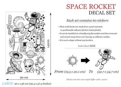 Monochrome Space Astronaut Solar System Rocket Planet Earth Black and White Wall Decal - BR231