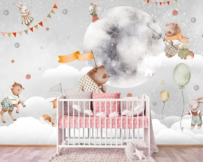 Magic Moon Baby Animals Fabric Wall Mural - Bear Deer Bunny Wallpaper - WM023