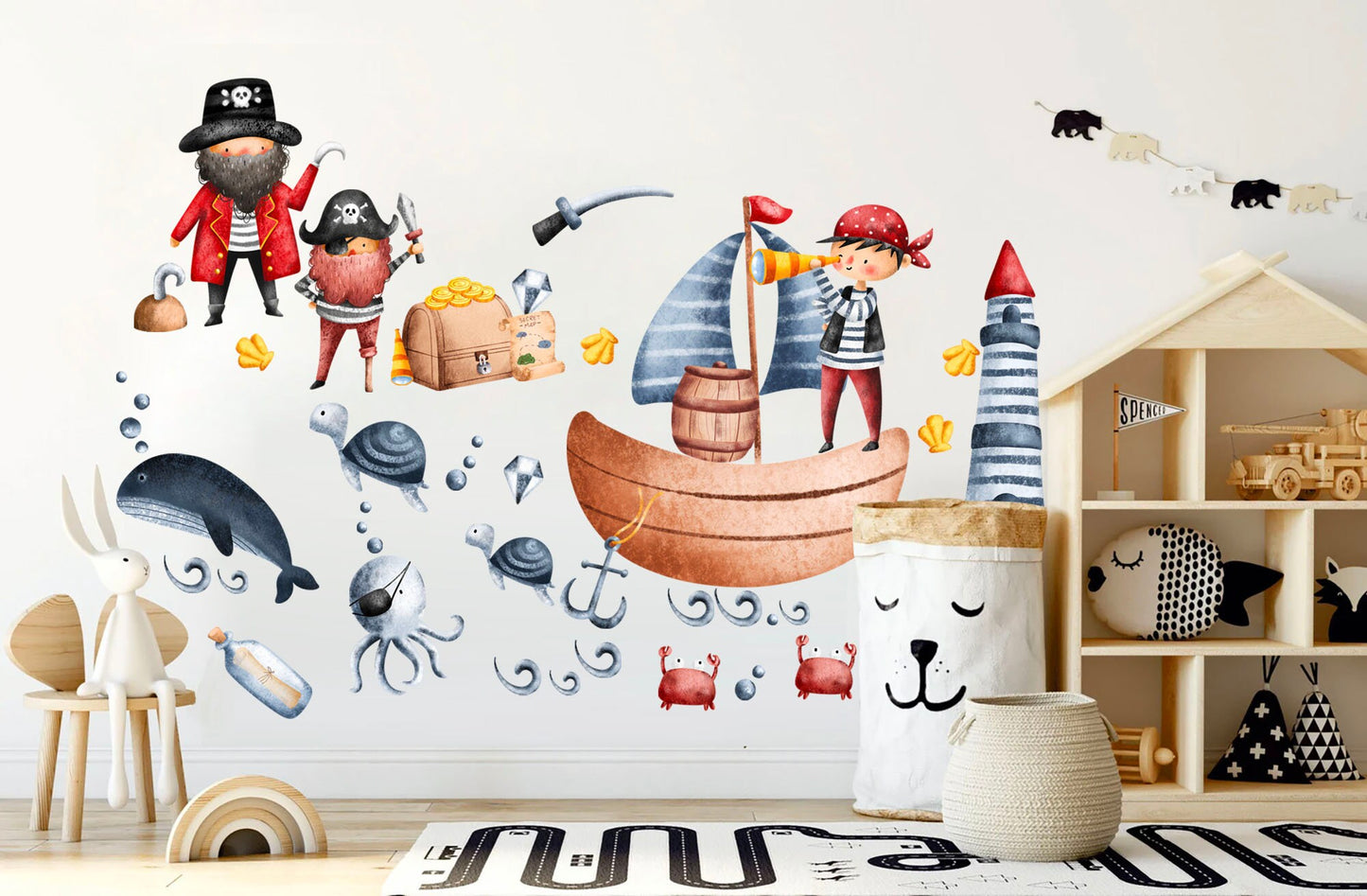 Medieval Pirate Adventure Underwater Wall Decal - Treasure Hunt Lighthouse Octopus Shark Whale - Peel and Stick - BR235