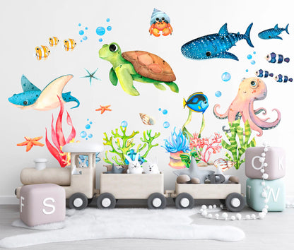 Ocean Playground Cartoon Wall Decal - Underwater Fun for Kids Room - Turtle Whale Octopus - BR253