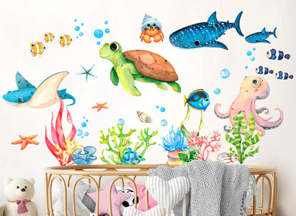 Ocean Playground Cartoon Wall Decal - Underwater Fun for Kids Room - Turtle Whale Octopus - BR253