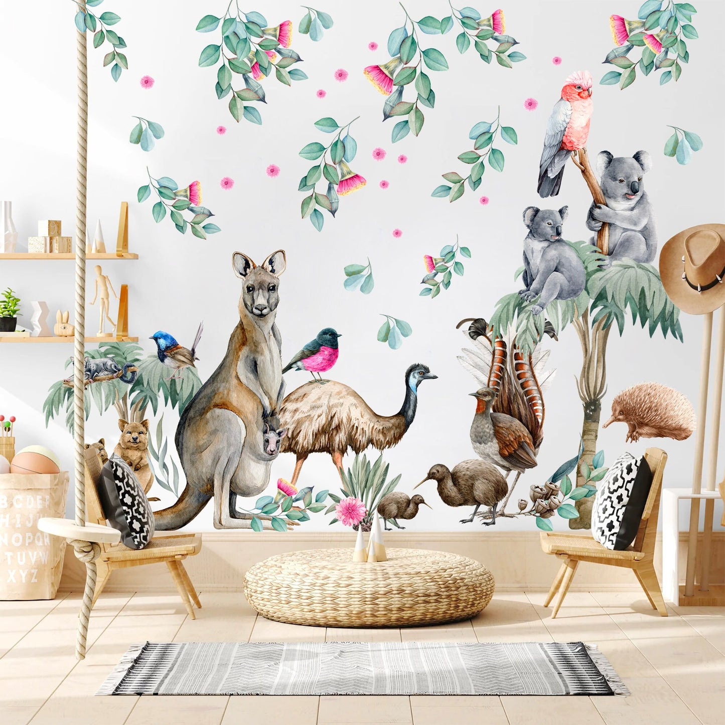 Aussie Animals and Flowers Kangaroo Koala Leaves Removable Wall Decal Peel and Stick - BR254