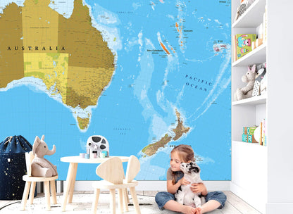 Detailed Australia New Zealand Map Wall Mural - Removable Fabric Wallpaper - WM025