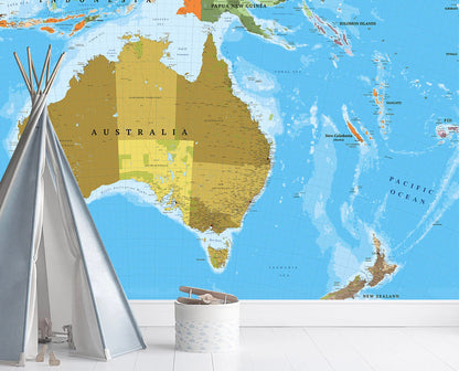 Detailed Australia New Zealand Map Wall Mural - Removable Fabric Wallpaper - WM025