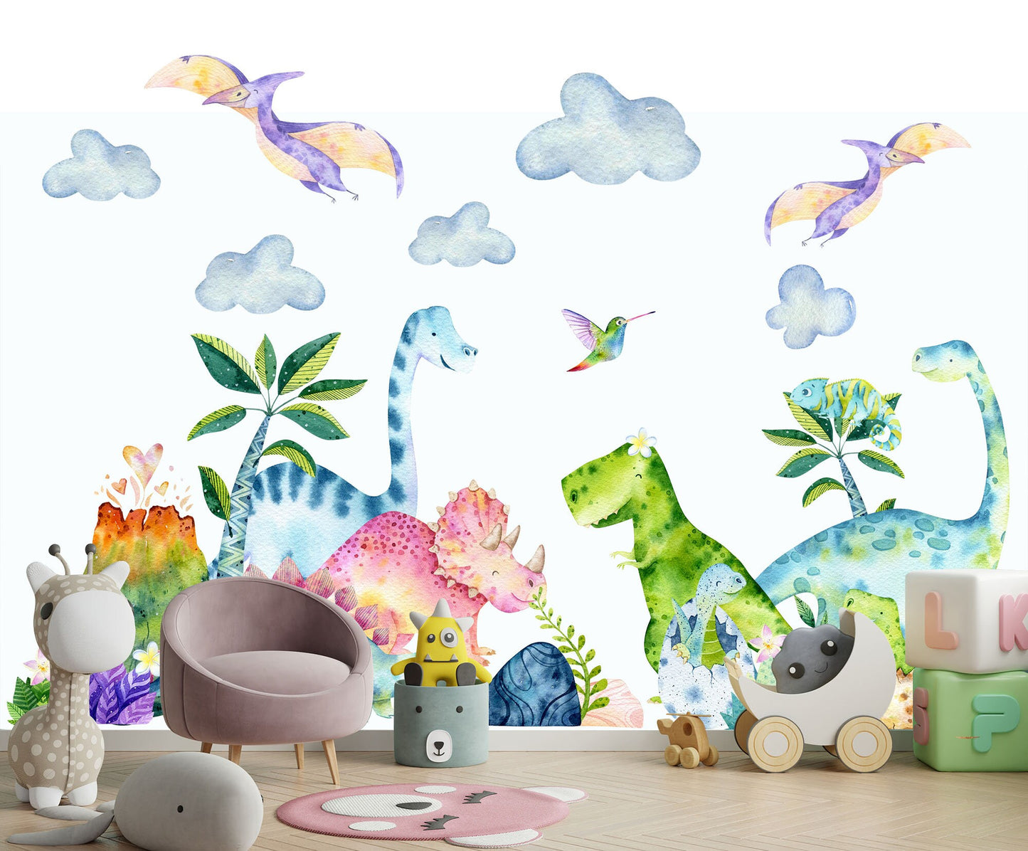 Watercolor Dino Playground by Volcano Removable Wall Decal - BR266