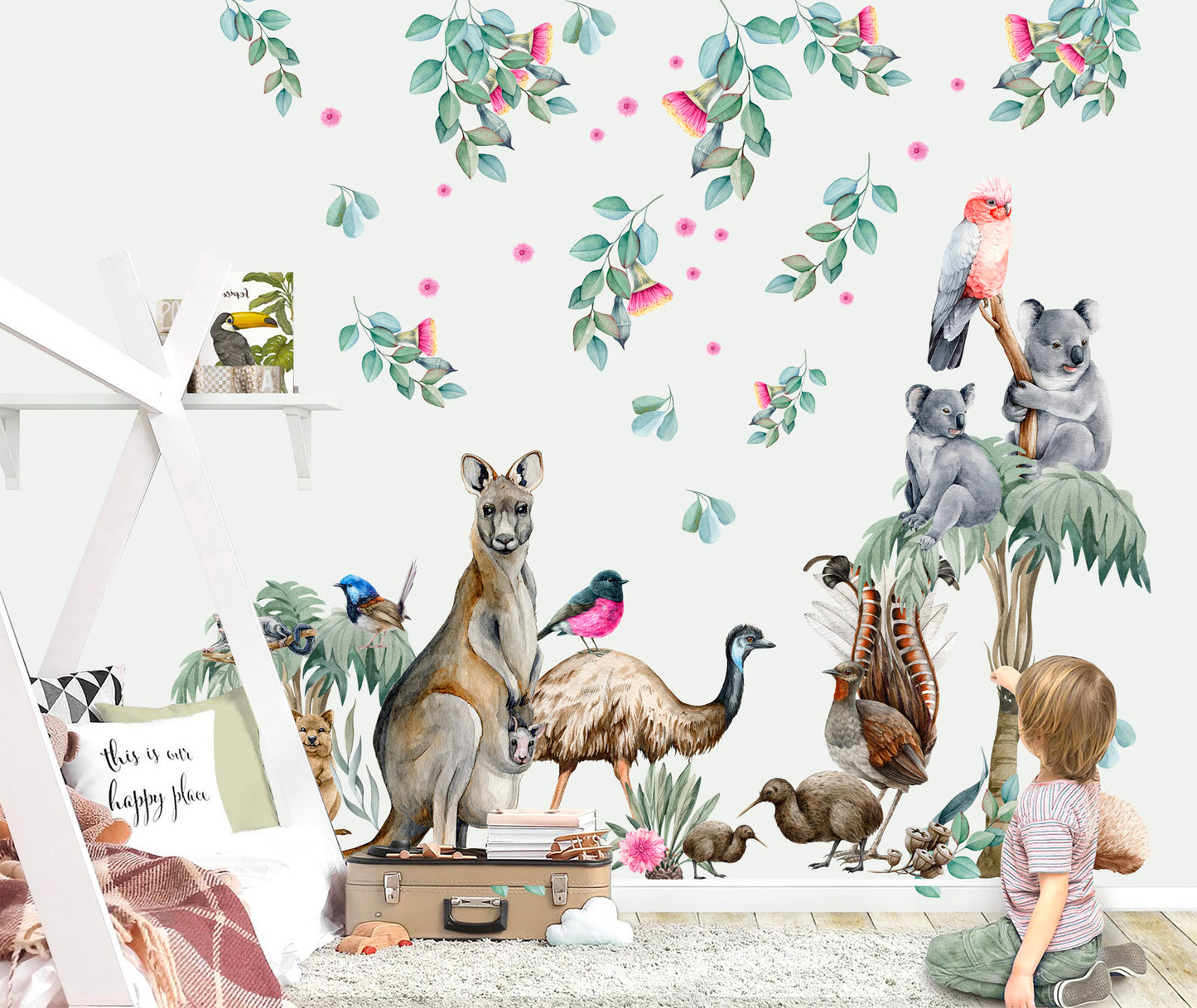 Aussie Animals and Flowers Kangaroo Koala Leaves Removable Wall Decal Peel and Stick - BR254