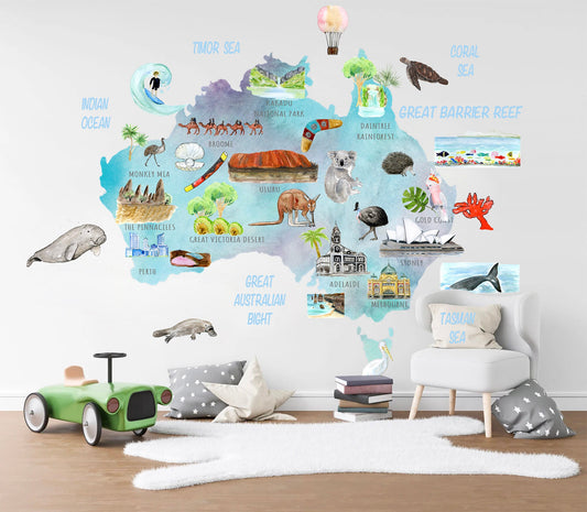 Australian Animals Plants Attraction Landmark Map Removable Wall Decal - BR240
