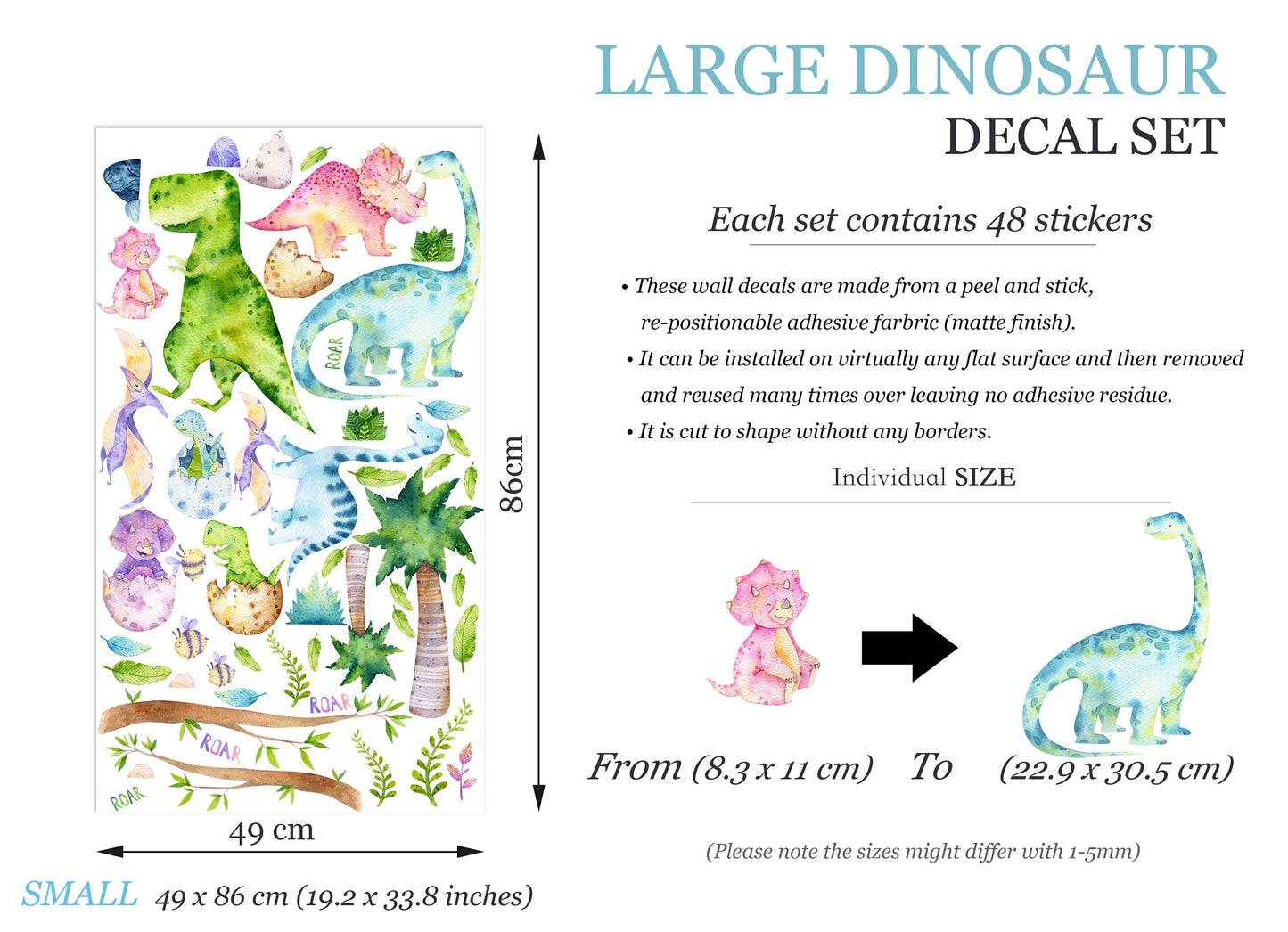 Watercolour Jurassic Park Stegosaurus Brachiosaurus Triceratops  Dinosaurs Nursery Wall Decal - Kids Bedroom - BR265