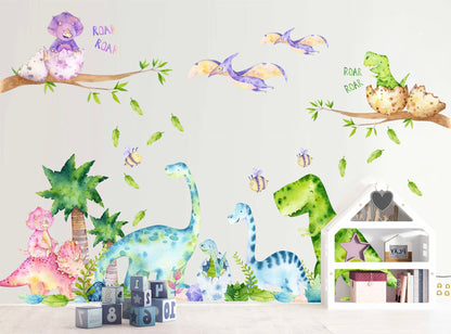 Watercolour Jurassic Park Stegosaurus Brachiosaurus Triceratops  Dinosaurs Nursery Wall Decal - Kids Bedroom - BR265