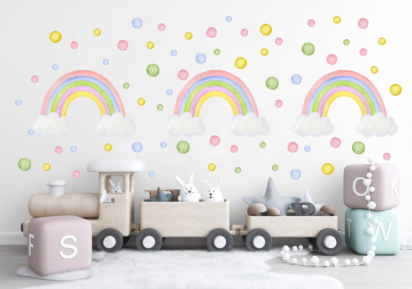 Pink Rainbow bubble dot Girl Bedroom Decal Wall - Repositionable Peel and Stick Fabric Wall Stickers - BR278