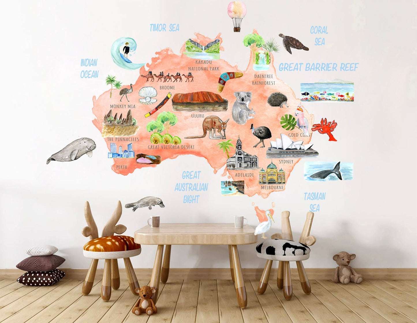 Australian Animals Plants Attraction Landmark Map Removable Wall Decal - BR240