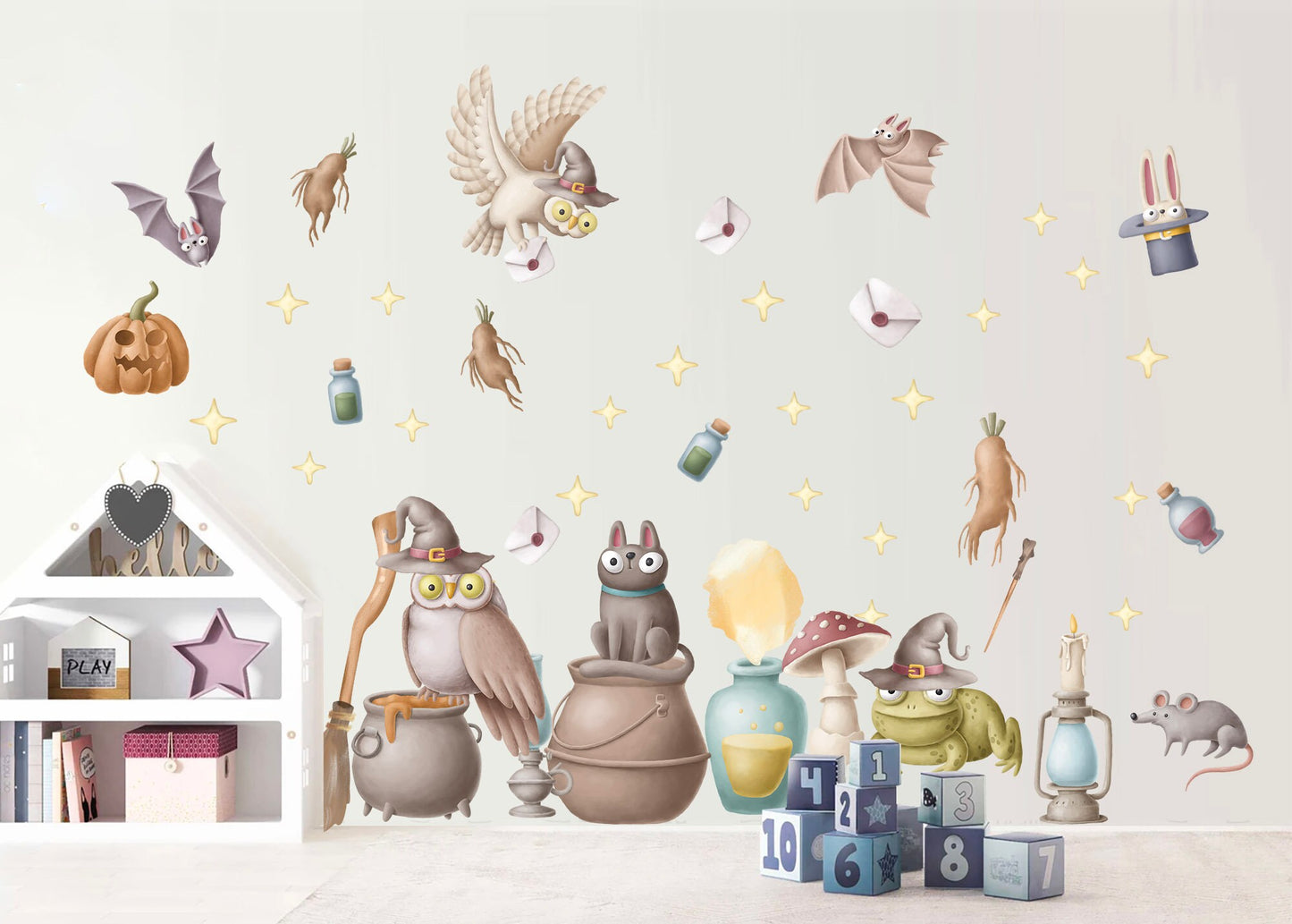 Enchanted Magic Academy Wall Decal -  Eagles Brooms Potion Bottles Wands & Hats - BR286