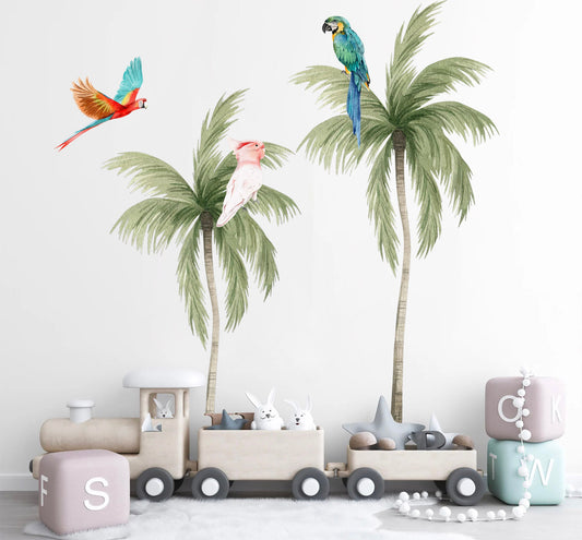 Tropical Coconut Trees with Parrots Wall Decal - Removable Peel and Stick - BR393