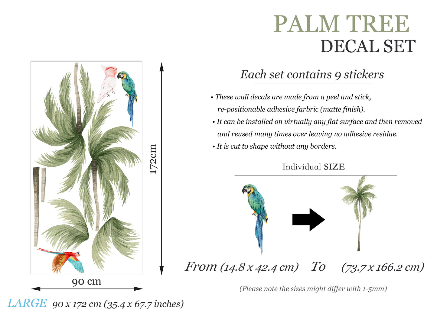 Tropical Coconut Trees with Parrots Wall Decal - Removable Peel and Stick - BR393