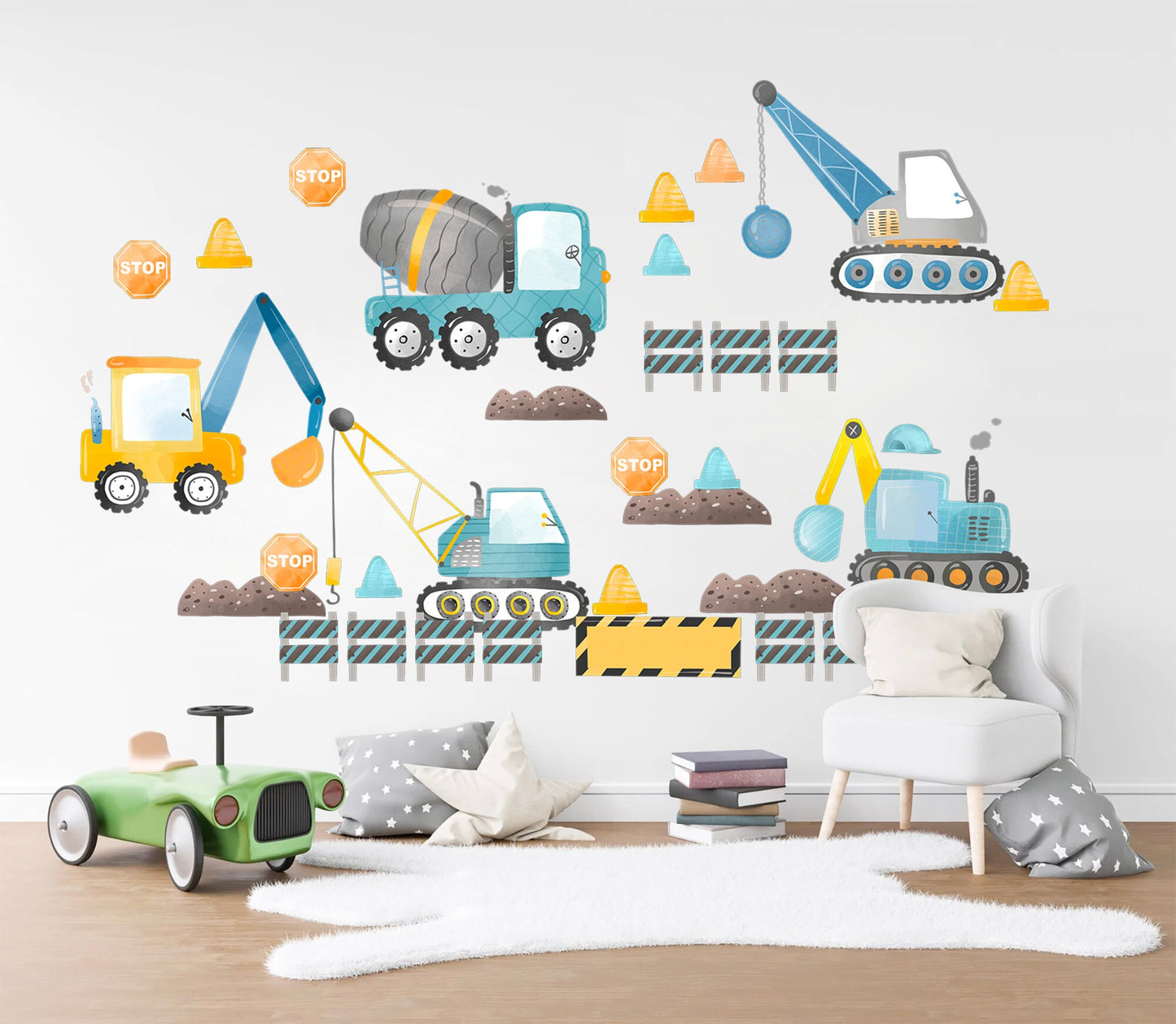 Construction Vehicles Crane Truck Mixer Digger Removable Wall Decal Boys Room Gift - BR289