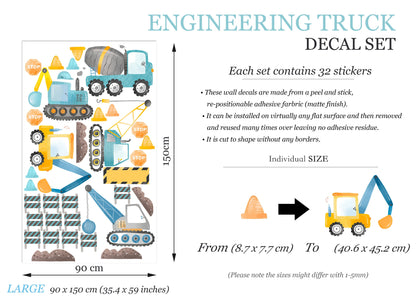 Construction Vehicles Crane Truck Mixer Digger Removable Wall Decal Boys Room Gift - BR289