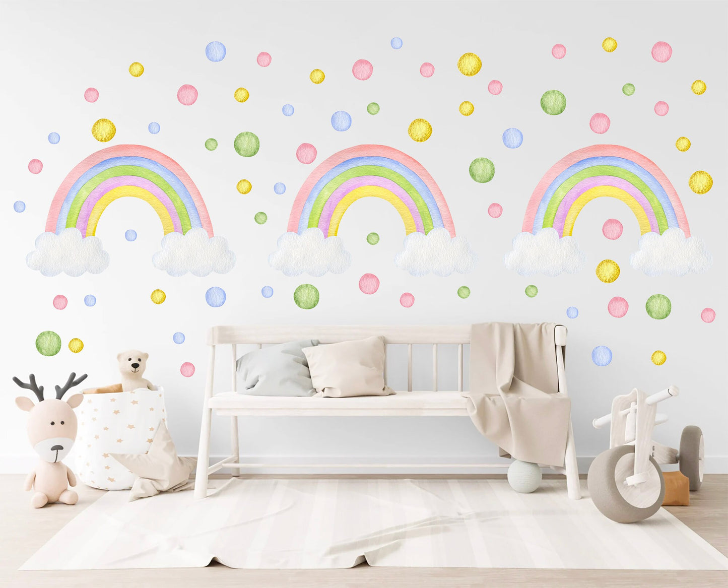 Pink Rainbow bubble dot Girl Bedroom Decal Wall - Repositionable Peel and Stick Fabric Wall Stickers - BR278