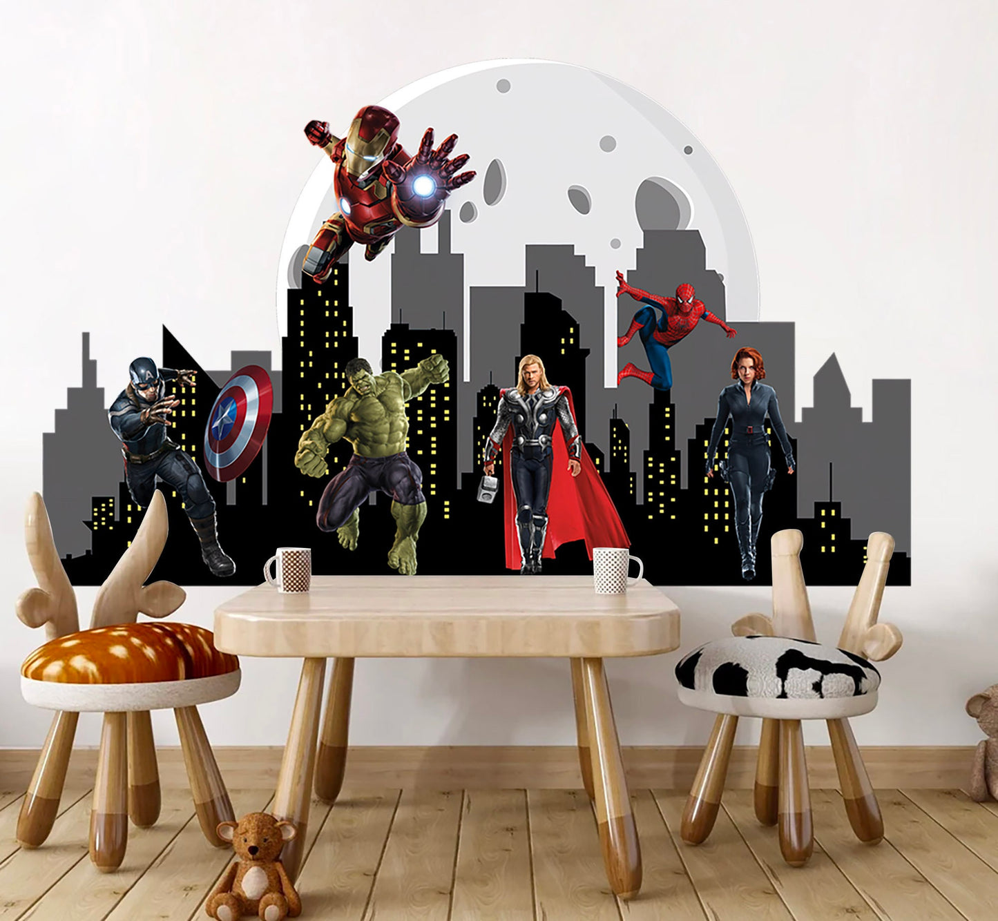 Marvel Heroes Cityscape Skyline Silhouette Wall Decal - Hulk Spiderman Captain America - BR295