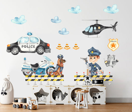 Policeman Police Force Car Pistol Motorcycle Dog Helicopter Removable Wall Decal - BR297