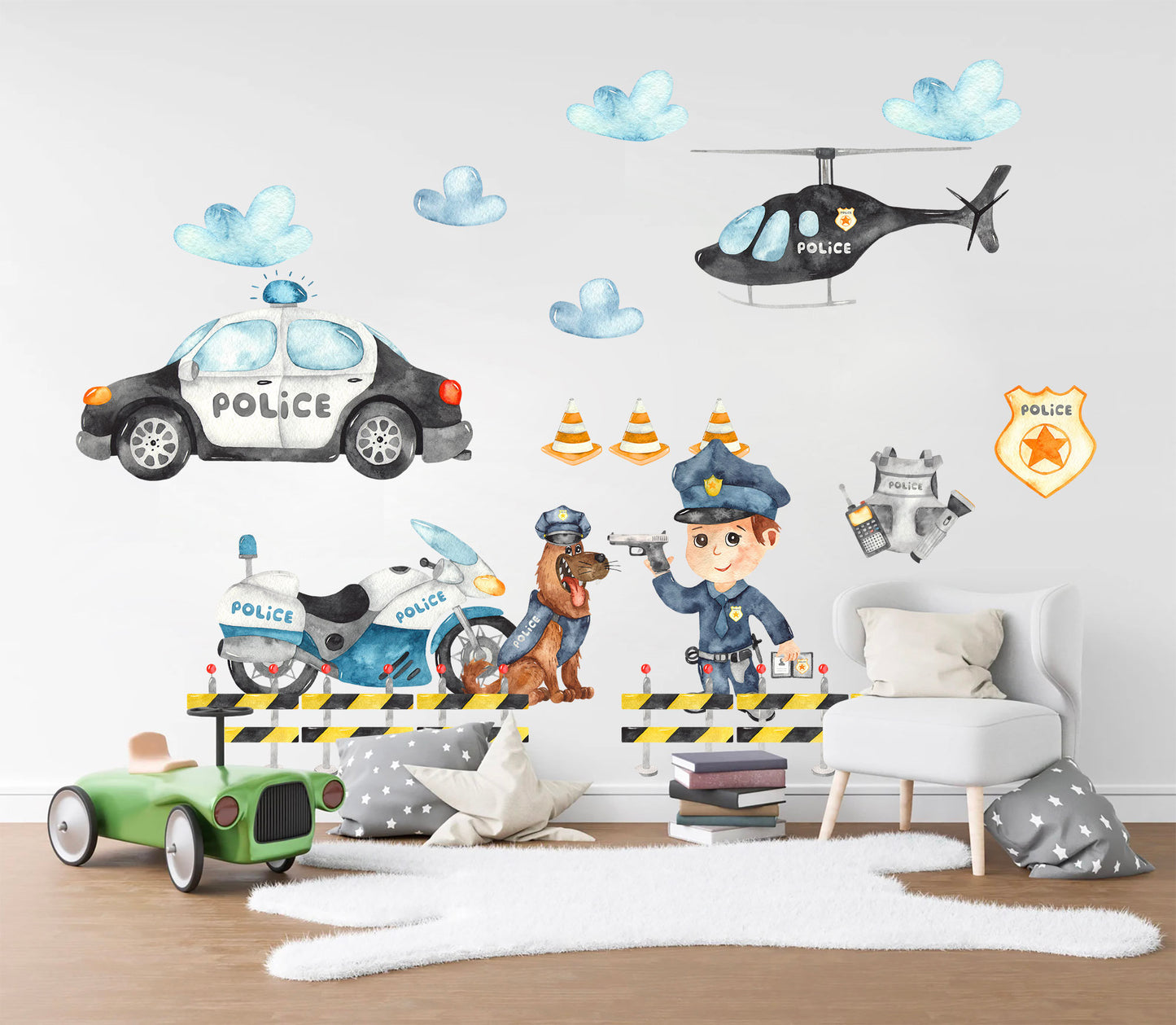 Policeman Police Force Car Pistol Motorcycle Dog Helicopter Removable Wall Decal - BR297