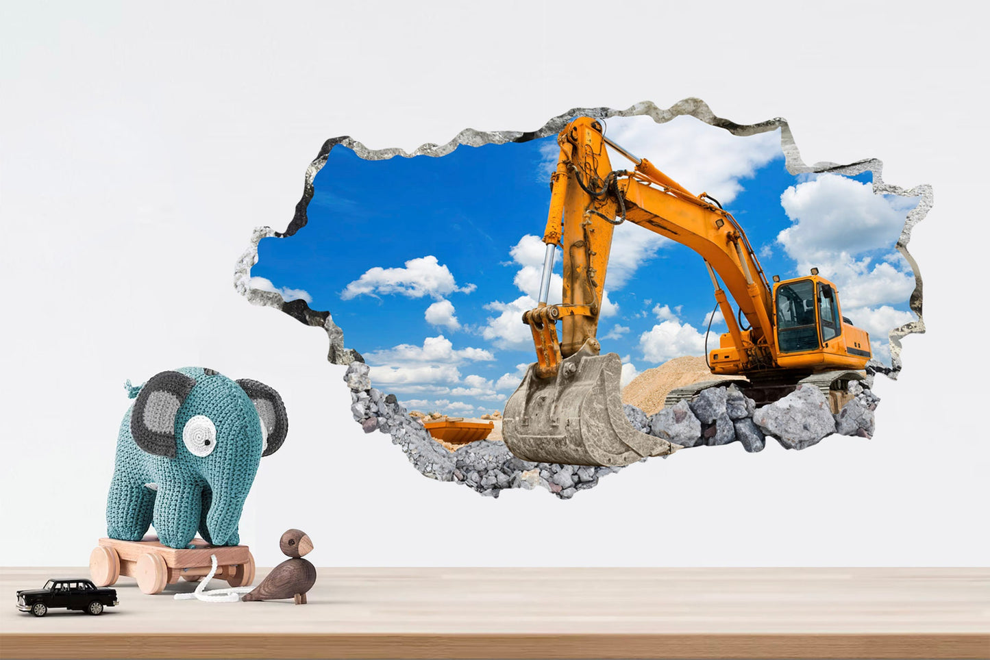 Mighty Excavator Breaks Through 3D Wall Decal - Construction Scene - BR301